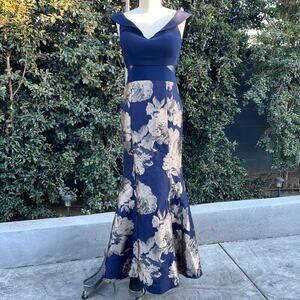 Mermaid XSCAPE Blue Gold Floral Tulle USA Made Ball Gown Party Dress Maxi 8